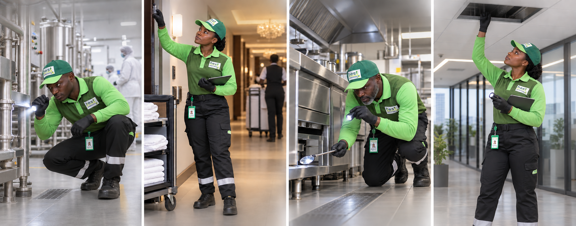 Best Exterminators technicians inspecting industrial, hotel, restaurant and commercial premises